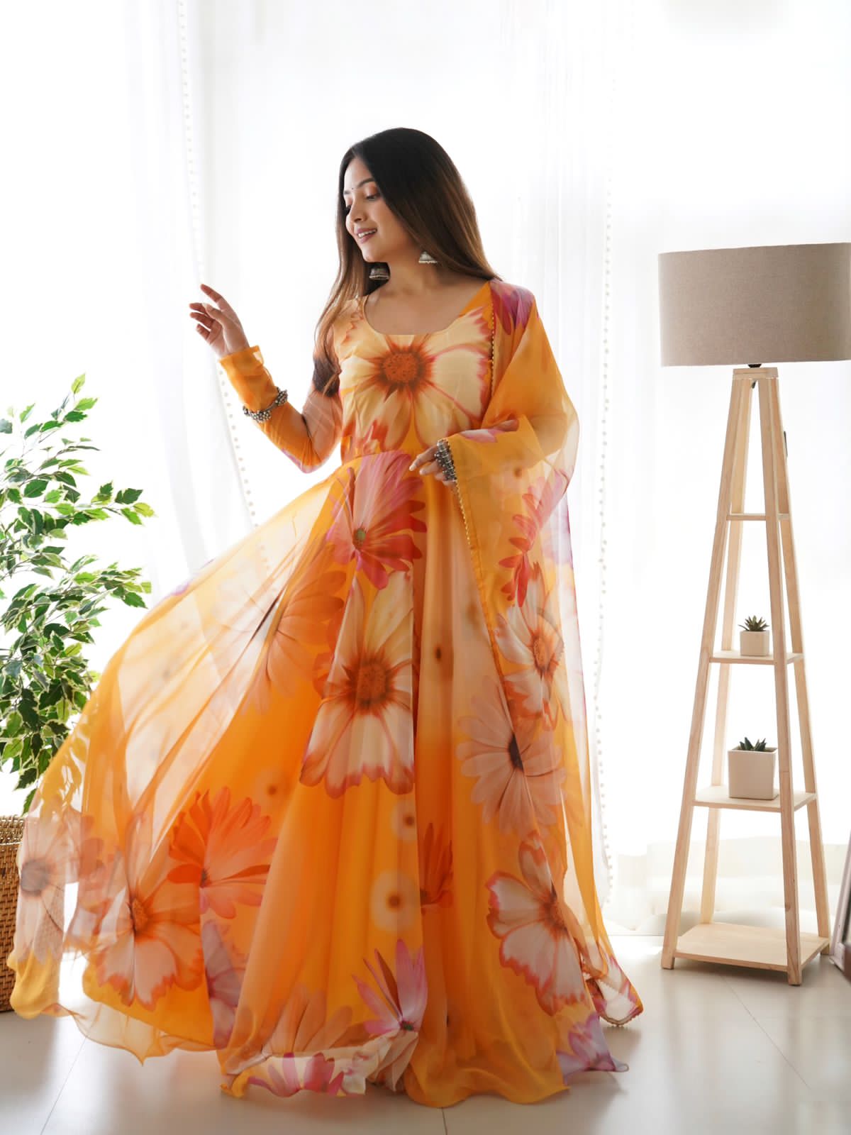 YELLOW ORGANZA GOWN WITH BEAUTIFUL FLOWER PRINT & DUPTTA