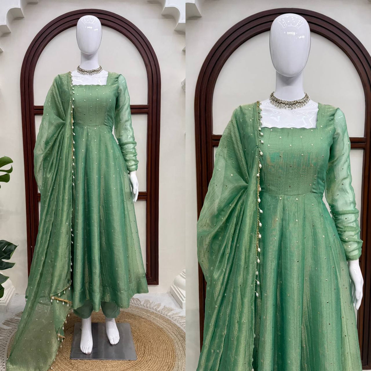 Festive Glow Salsa Silk Gown With Foil Work & Designer Dupatta