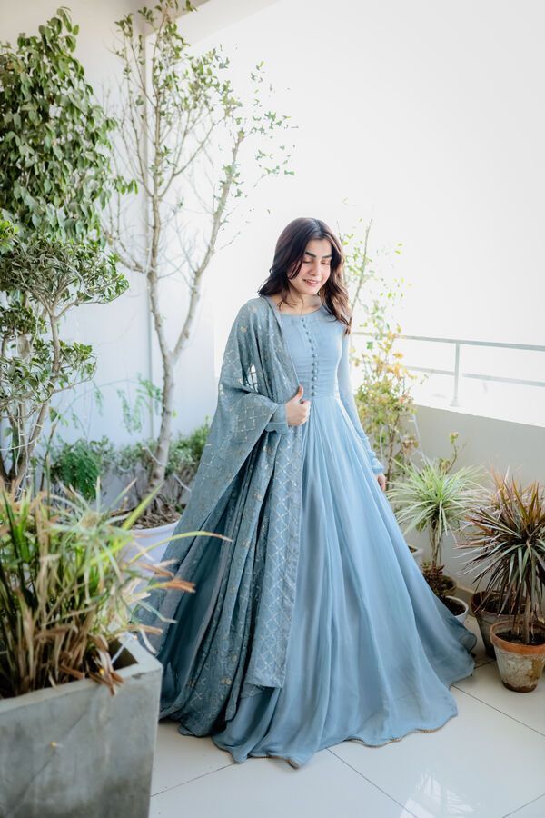 Sky Blue Faux Georgette Anarkali Style Fully Stitiched Gown