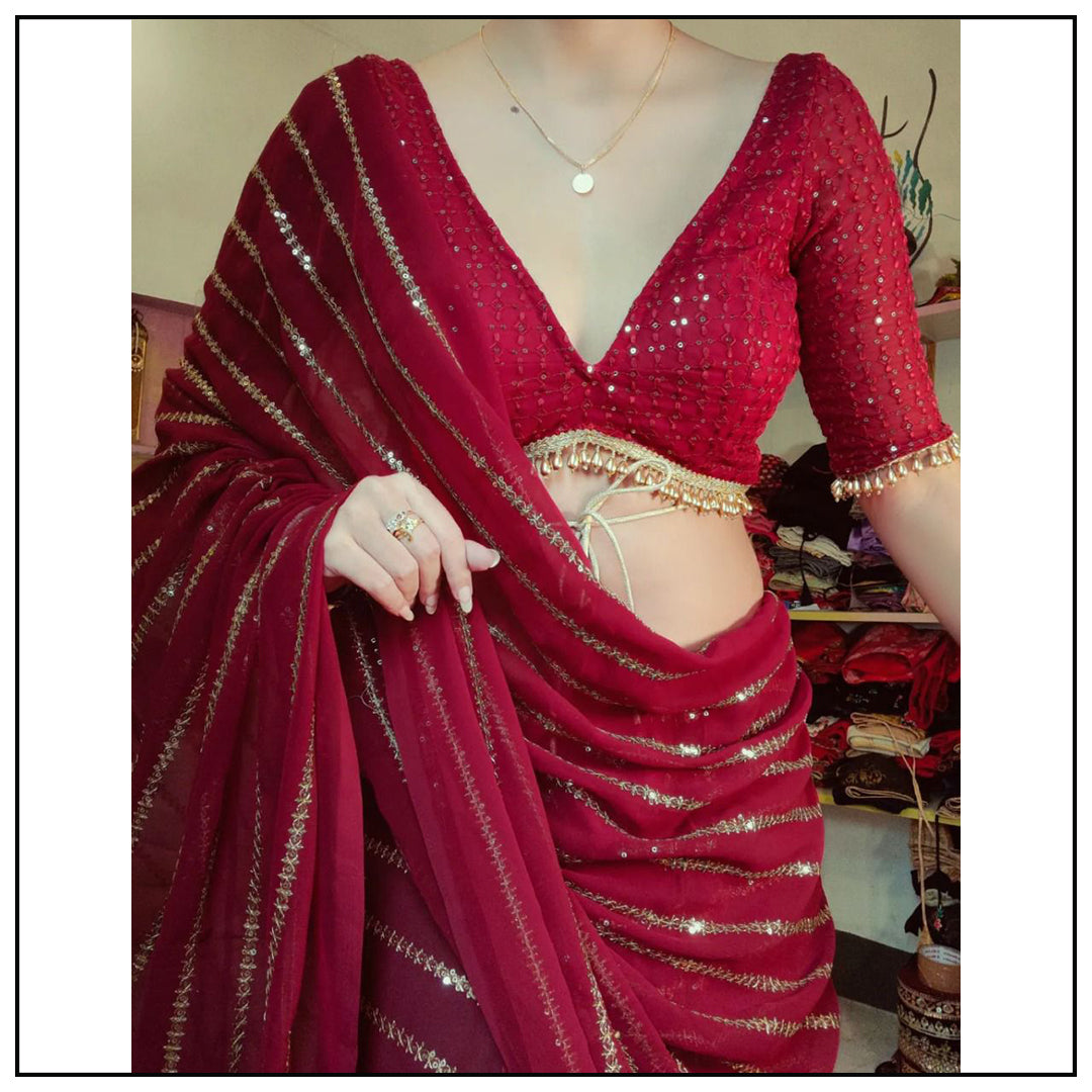 Red georgette thread and sequence work party wear saree