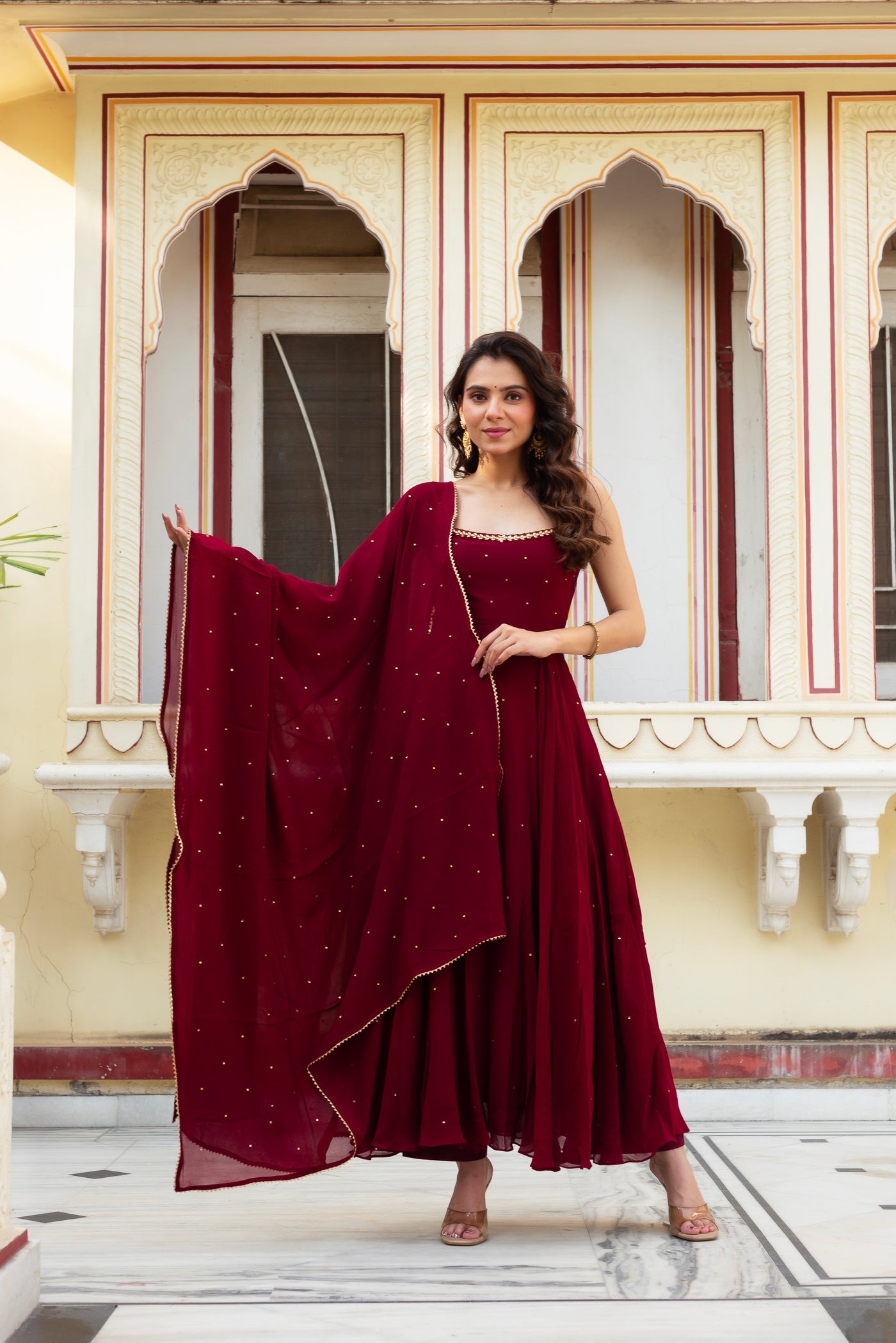 NEW BEAUTIFUL MIRROR WORK ANARKALI GOWN WITH DUPATTA