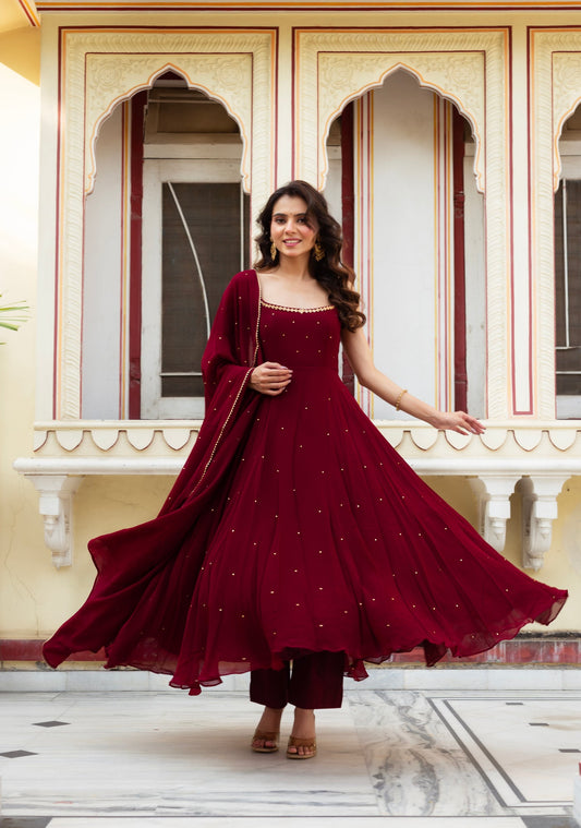 New Stylest Most Trending Maroon Color Anarkali Gown