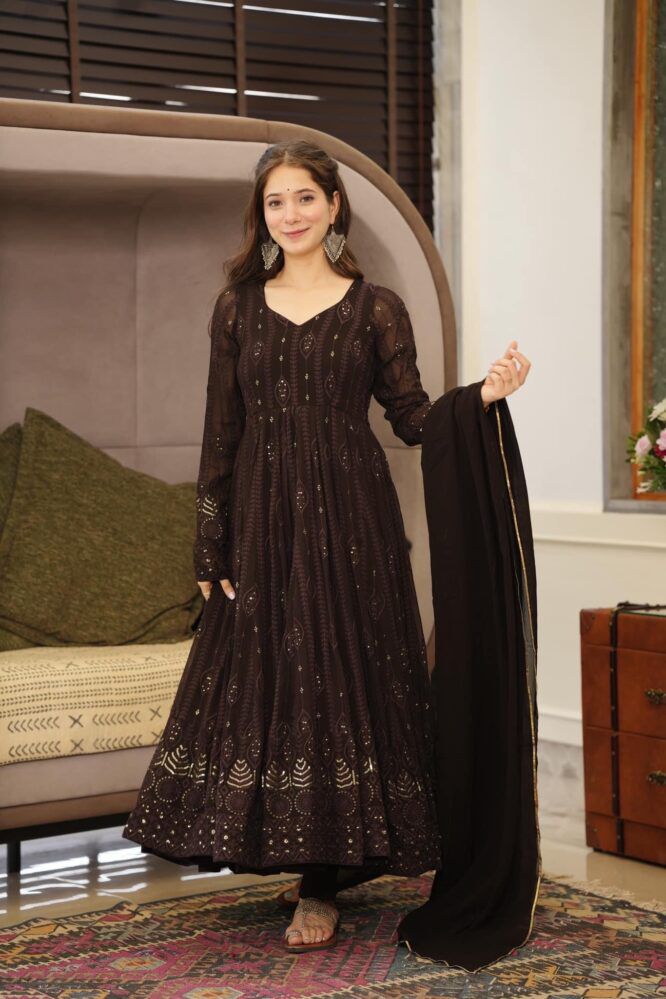 Black Embroidered Georgette Fully Stiched Suit