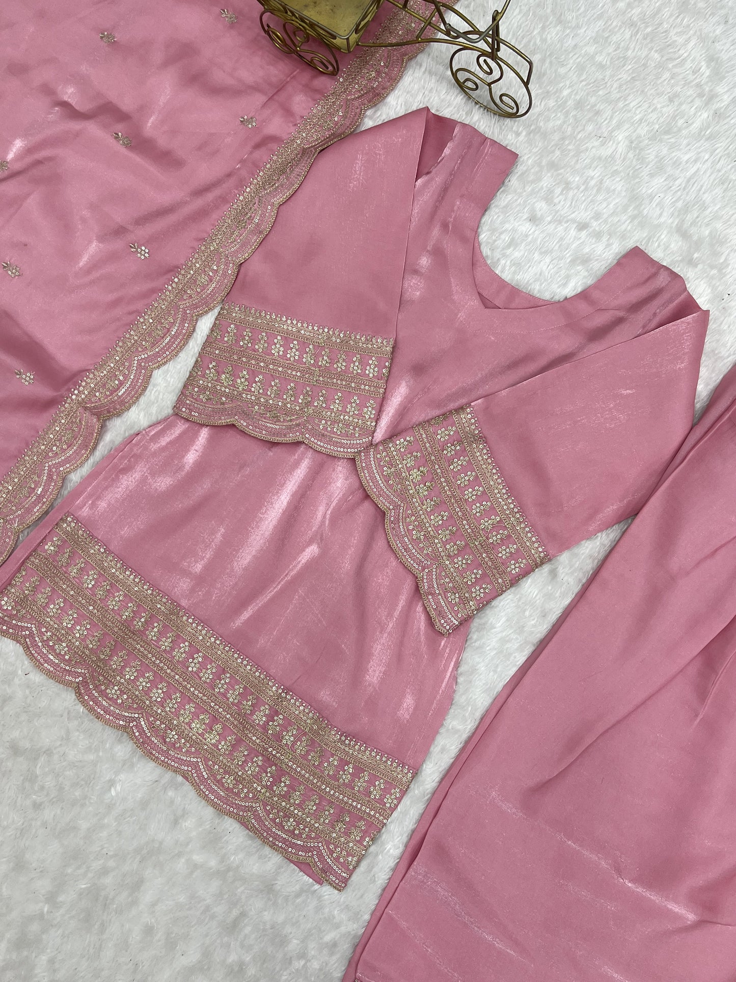 Luxury Farshi Suit Set In Glass Roman Silk With Embroidered Dupatta