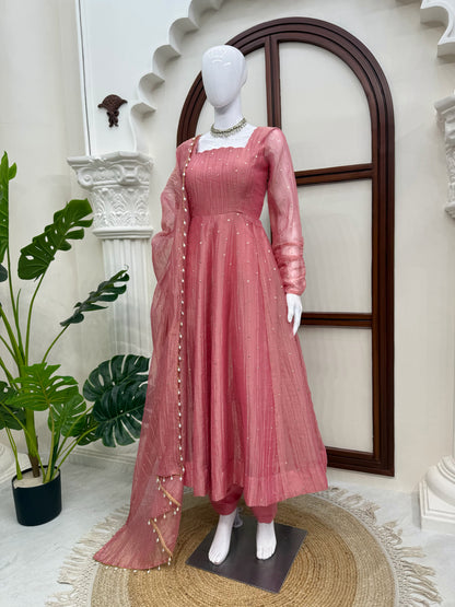 Festive Glow Salsa Silk Gown With Foil Work & Designer Dupatta
