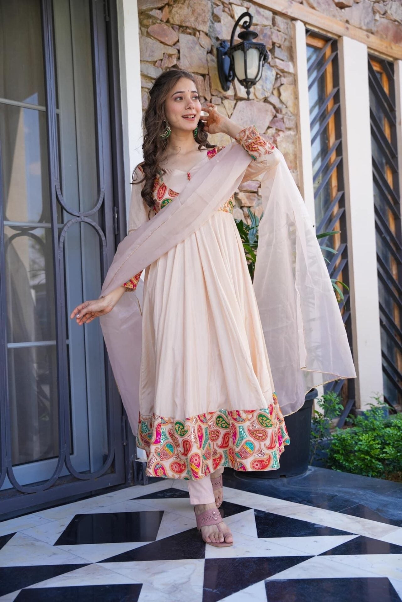 Rakhi Special Cremy Silk Anarkali Gown