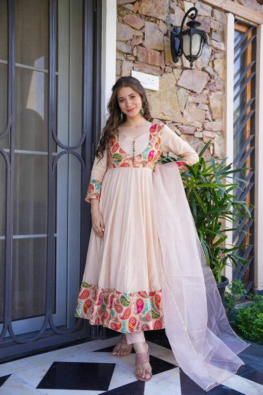 Rakhi Special Cremy Silk Anarkali Gown