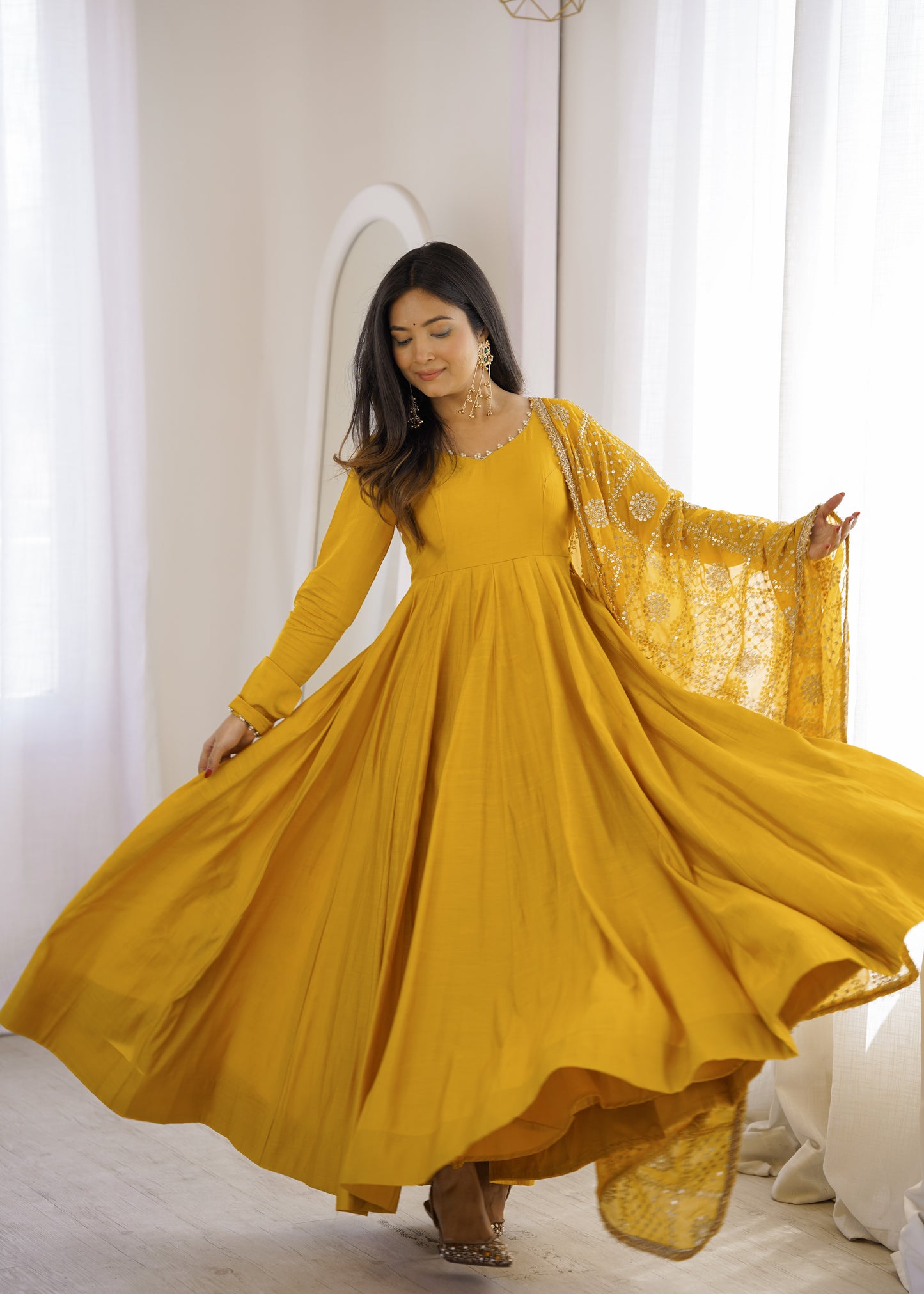 Premium Romansilk Chanderi 16-Kali Anarkali Gown With Sequin & Zari Work Dupatta