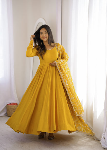 Premium Romansilk Chanderi 16-Kali Anarkali Gown With Sequin & Zari Work Dupatta