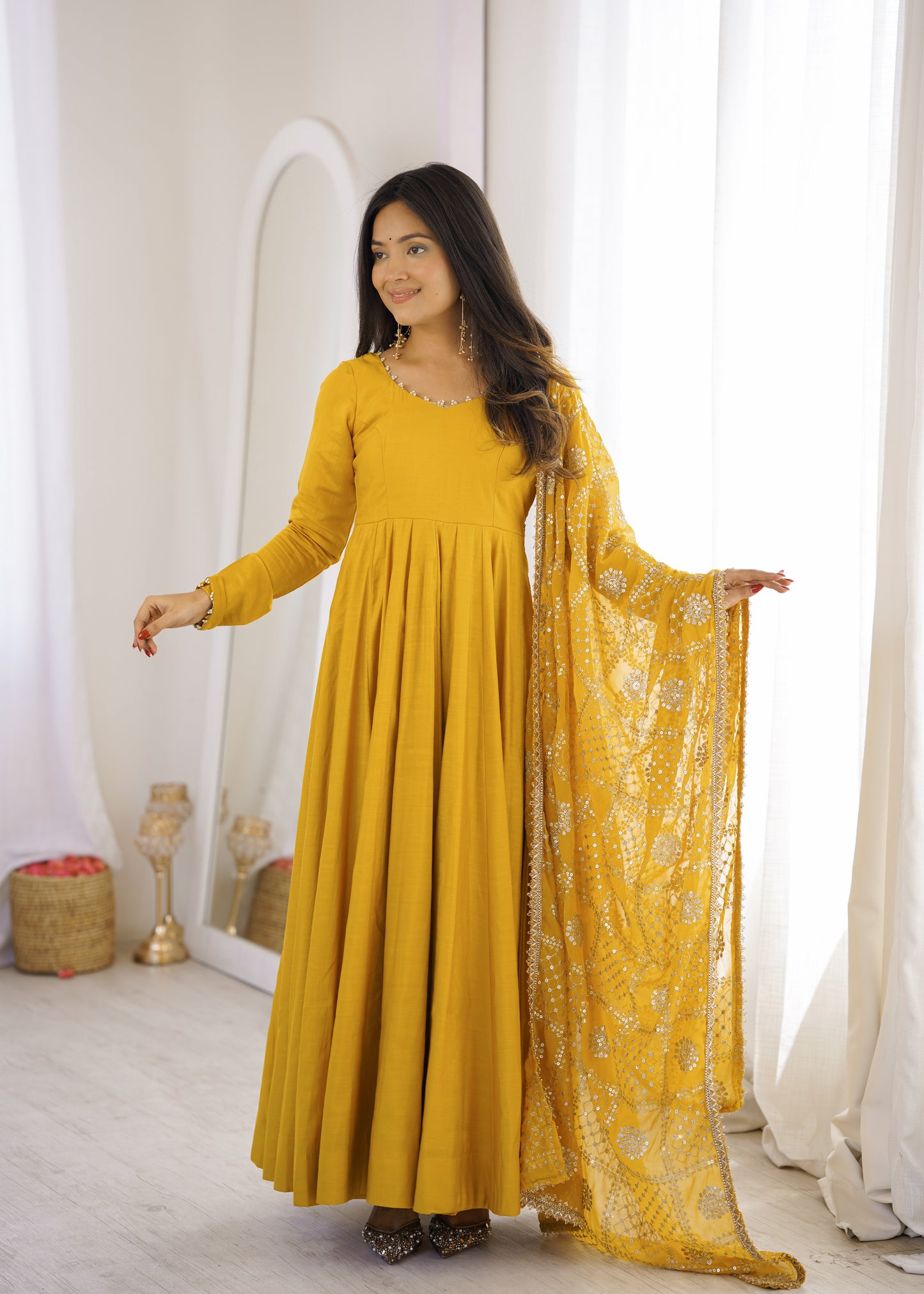 Premium Romansilk Chanderi 16-Kali Anarkali Gown With Sequin & Zari Work Dupatta