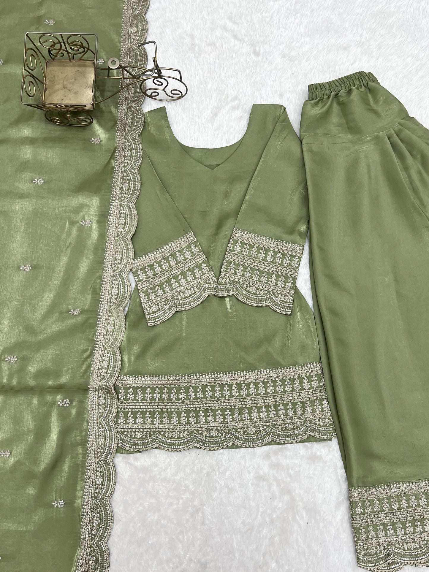 Luxury Farshi Suit Set In Glass Roman Silk With Embroidered Dupatta