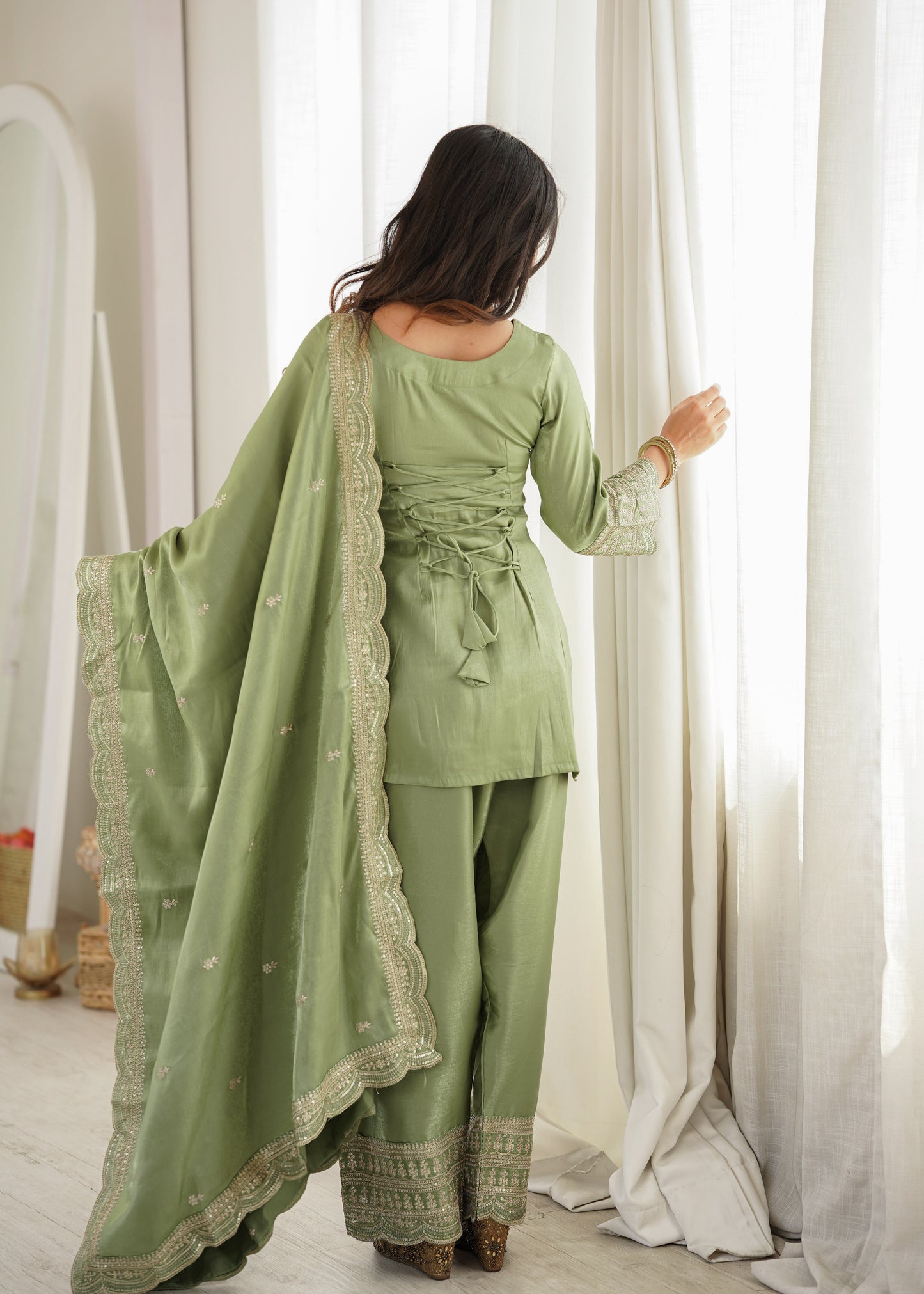 Luxury Farshi Suit Set In Glass Roman Silk With Embroidered Dupatta
