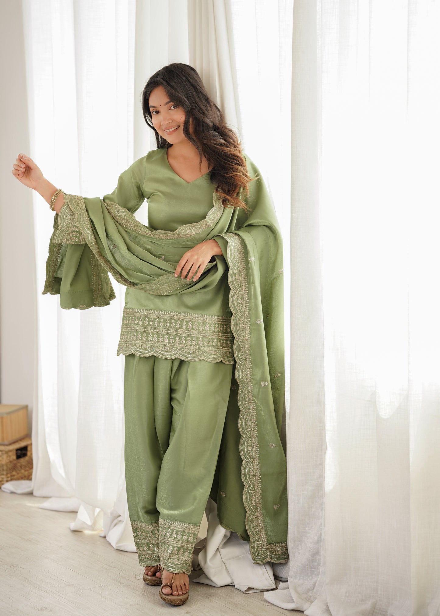 Luxury Farshi Suit Set In Glass Roman Silk With Embroidered Dupatta