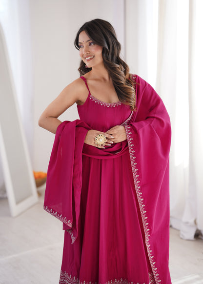 Designer Sleeveless Romansilk Chanderi Anarkali With Embroidery