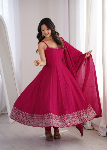Designer Sleeveless Romansilk Chanderi Anarkali With Embroidery
