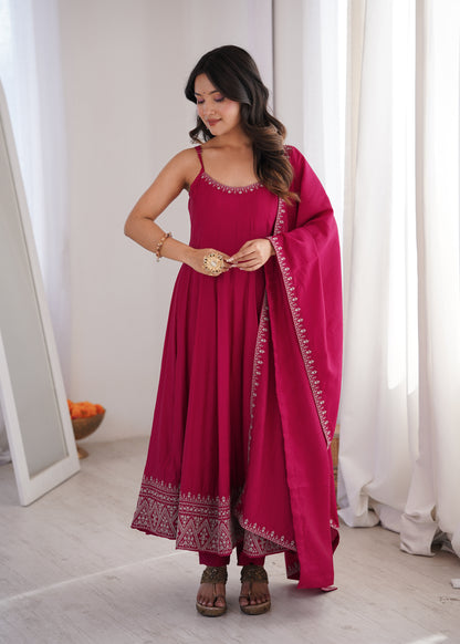 Designer Sleeveless Romansilk Chanderi Anarkali With Embroidery