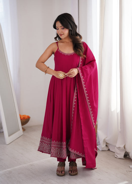 Designer Sleeveless Romansilk Chanderi Anarkali With Embroidery
