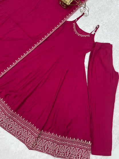 Designer Sleeveless Romansilk Chanderi Anarkali With Embroidery