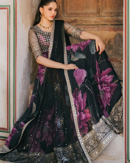 Digital Printed And Embroidery Worked Fully Stitched Anarkali Gown