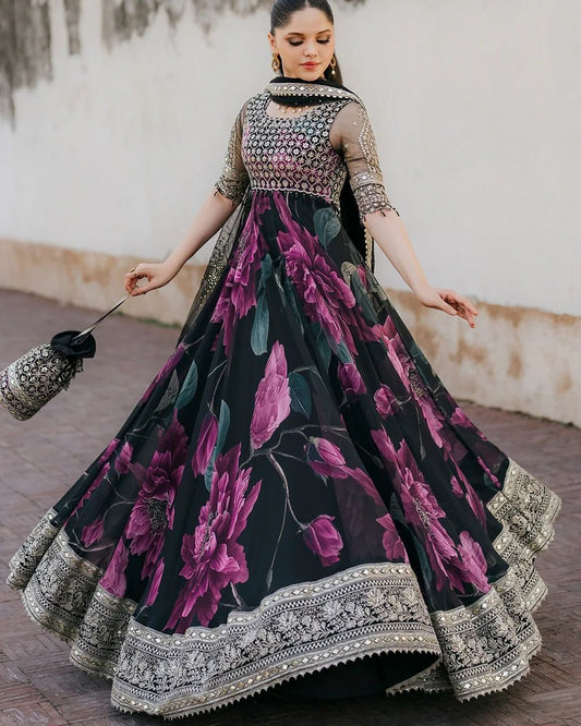 Digital Printed And Embroidery Worked Fully Stitched Anarkali Gown