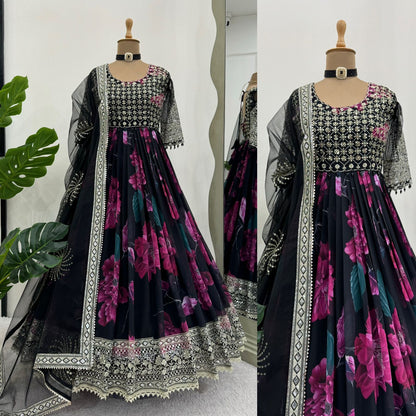 Digital Printed And Embroidery Worked Fully Stitched Anarkali Gown