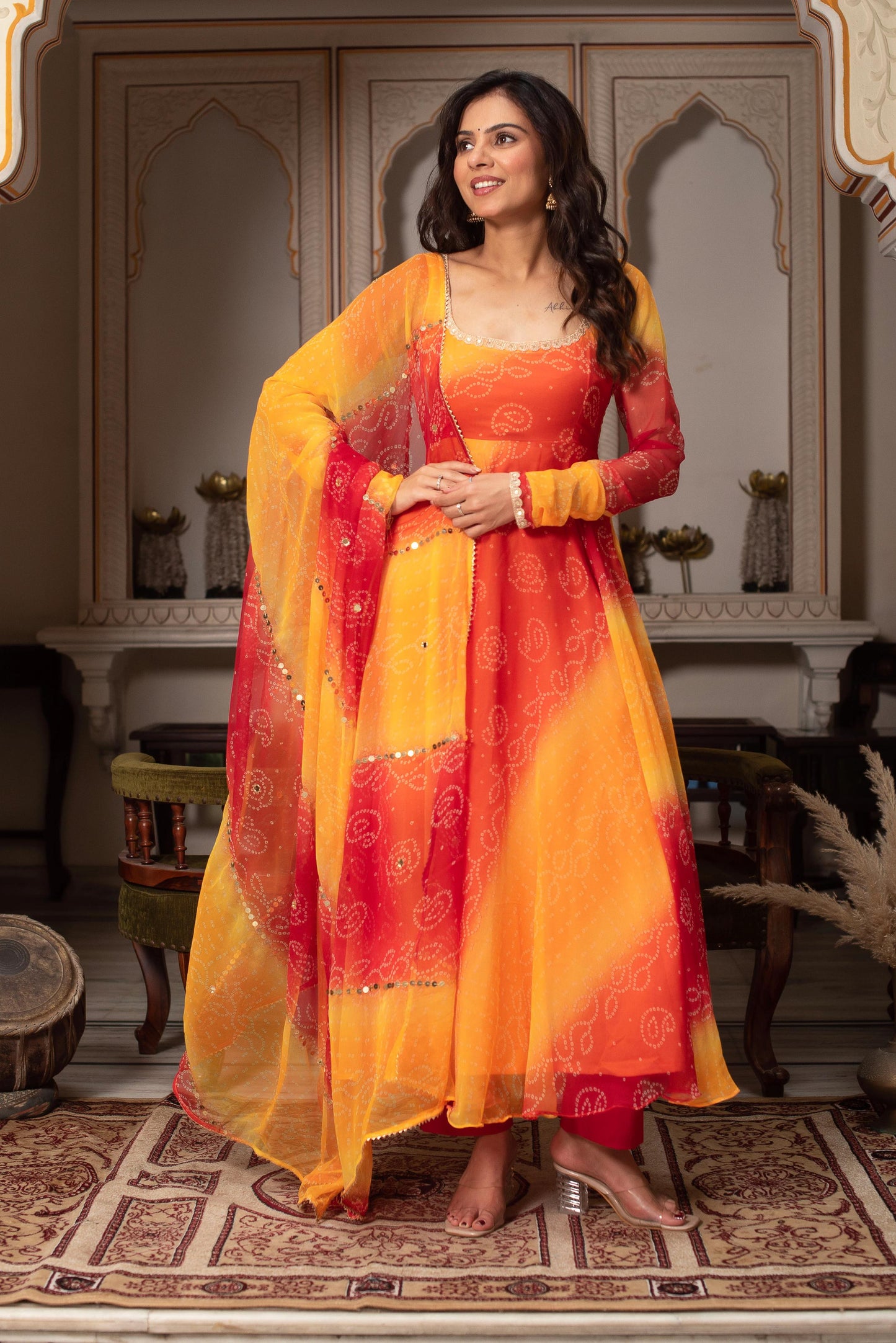 Wedding Partywear Color Yellow & red Anarkali Suit