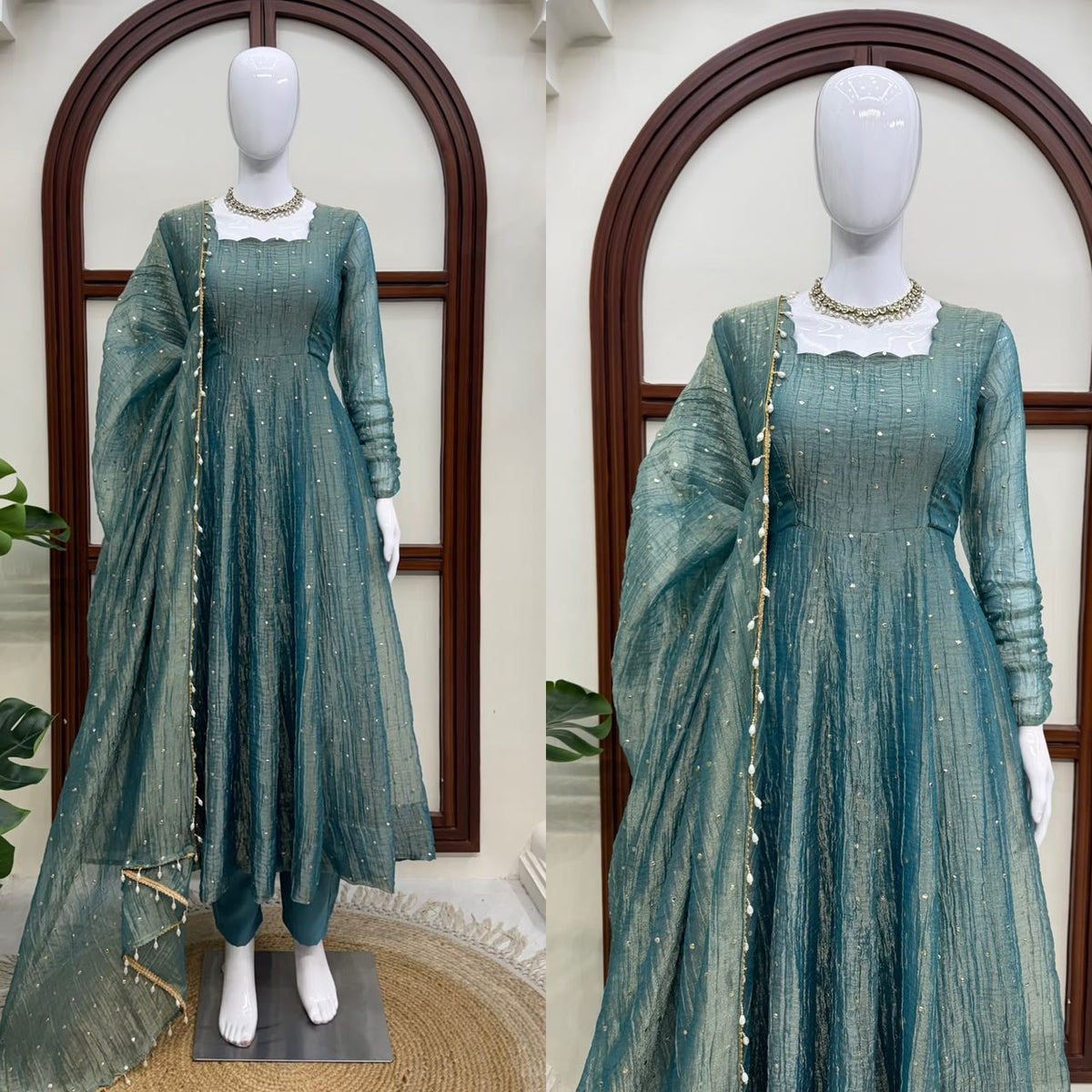 Festive Glow Salsa Silk Gown With Foil Work & Designer Dupatta