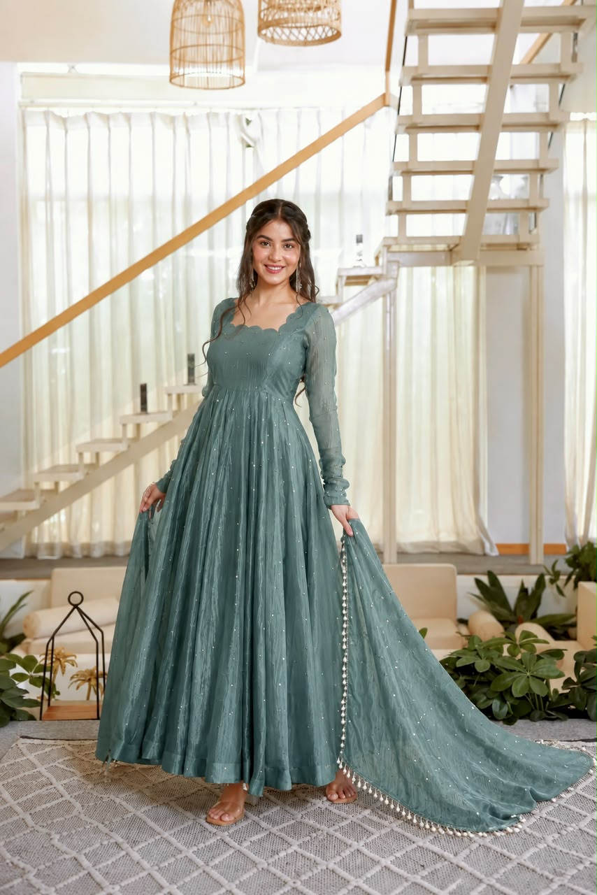 Festive Glow Salsa Silk Gown With Foil Work & Designer Dupatta