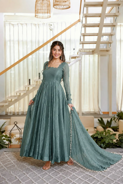 Festive Glow Salsa Silk Gown With Foil Work & Designer Dupatta