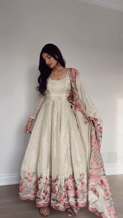 New Beautifully Chinnon Work Anarkali Gown