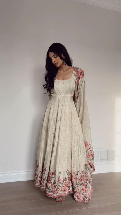 New Beautifully Chinnon Work Anarkali Gown