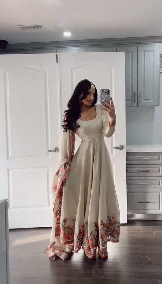New Beautifully Chinnon Work Anarkali Gown