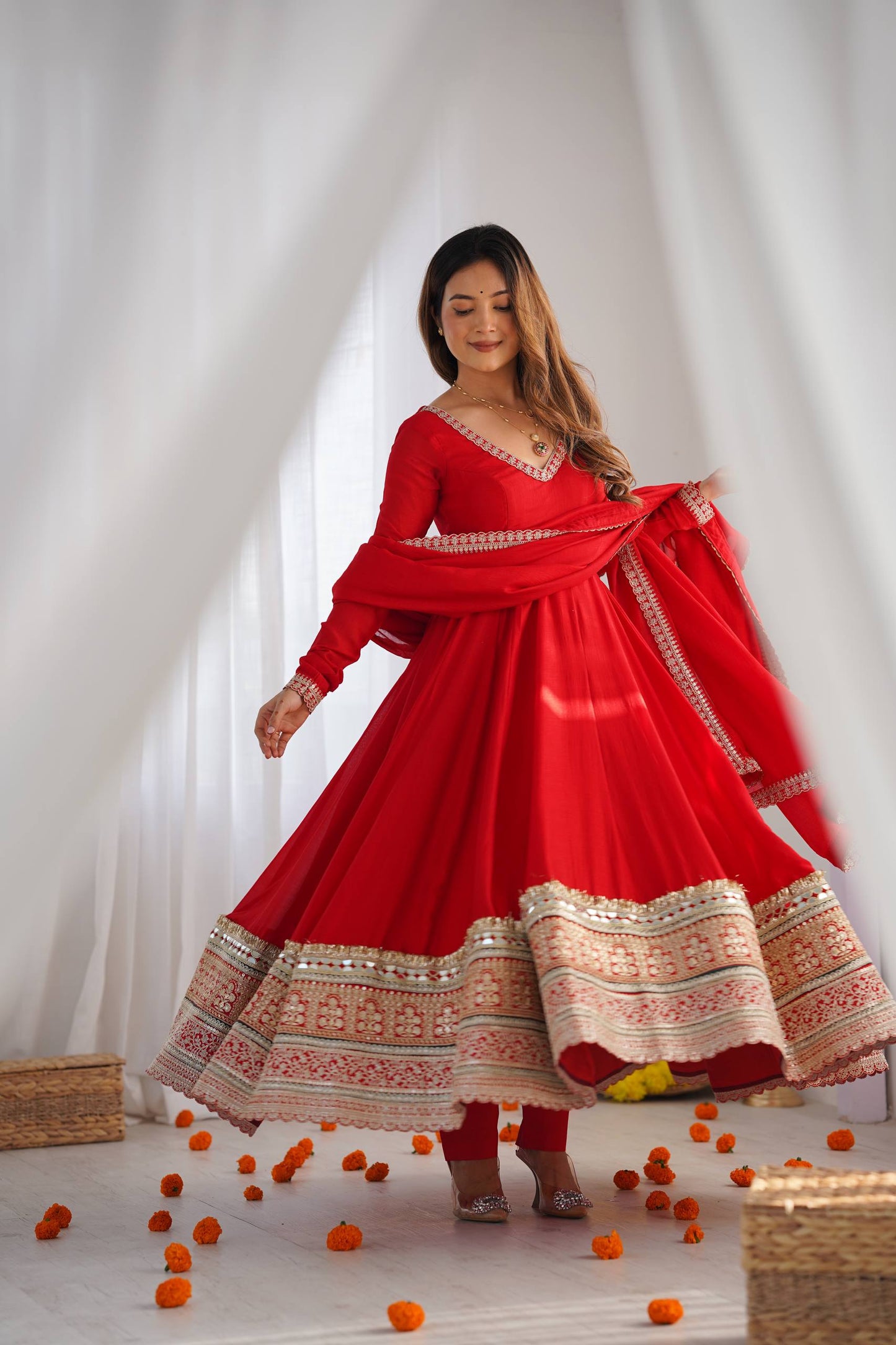 Designer Blooming Vichitra Silk Anarkali With Shawl Style Dupatta