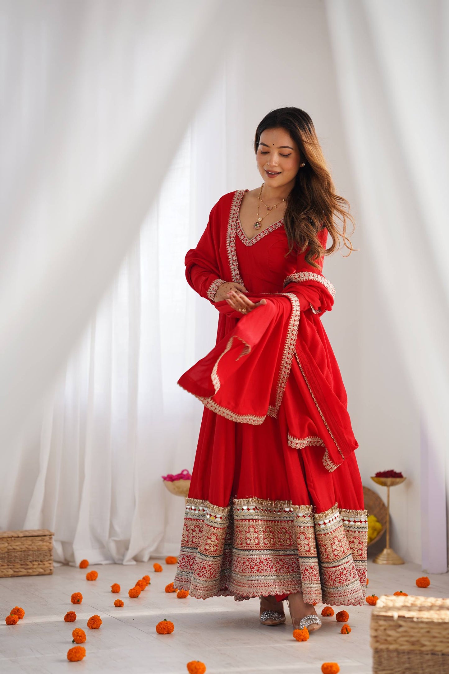 Designer Blooming Vichitra Silk Anarkali With Shawl Style Dupatta