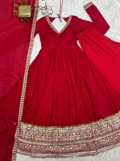 Designer Blooming Vichitra Silk Anarkali With Shawl Style Dupatta