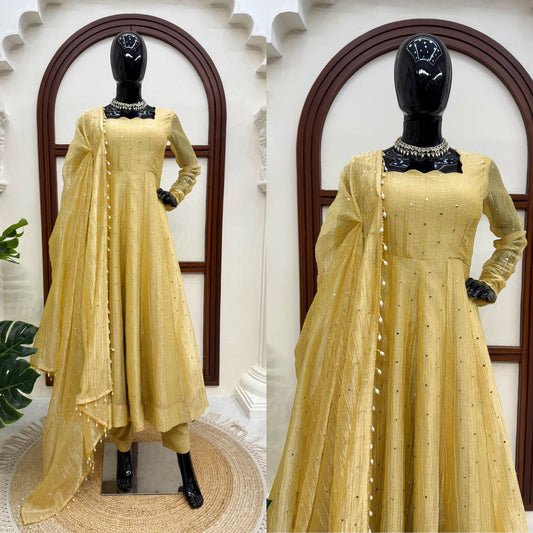 Festive Glow Salsa Silk Gown With Foil Work & Designer Dupatta