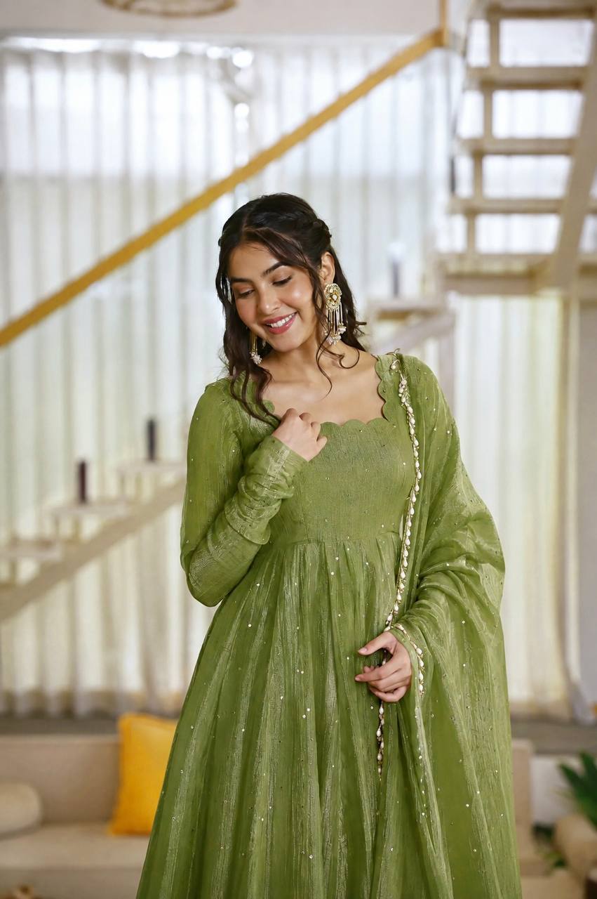 Festive Glow Salsa Silk Gown With Foil Work & Designer Dupatta